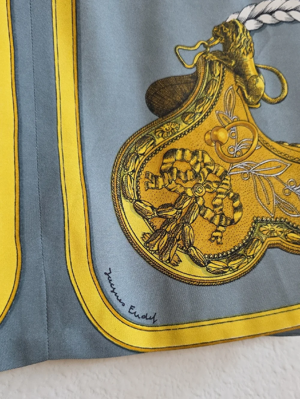 VTG Hermes 100% Silk Button-Up Blouse Equestrian Print Gray Yellow Authentic, 44 - Picture 5 of 15